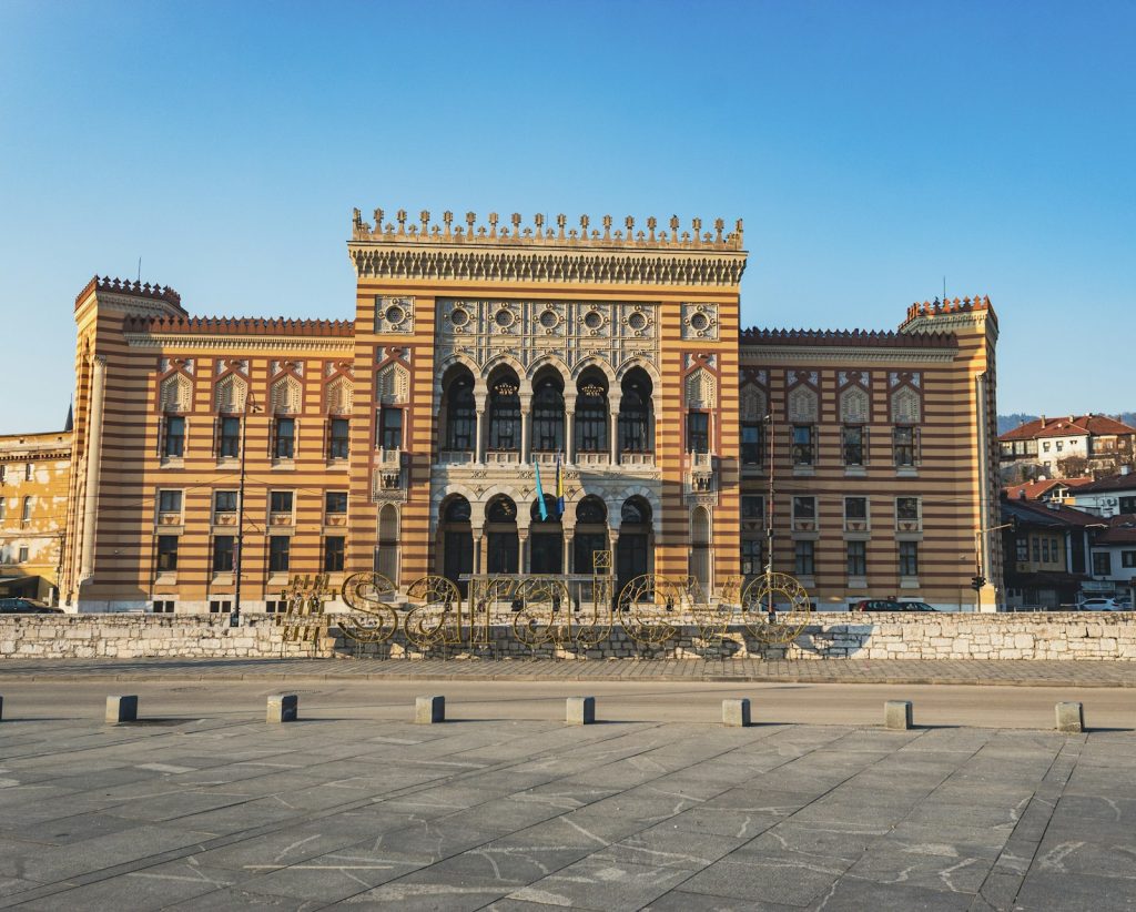 Sarajevo City Hall, the Vijećnica, under a clear blue sky