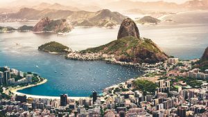 Aerial view of Rio de Janeiro and Sugarloaf Mountain by the sea