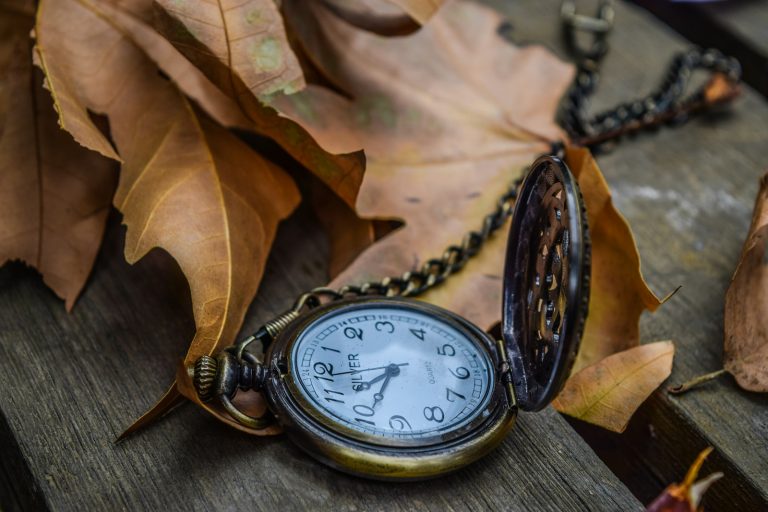 Gold pocket watch lying on dry autumn leaves