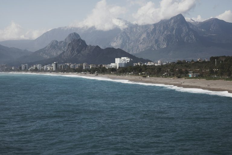 Beach and mountains on the coast of Antalya, Türkiye