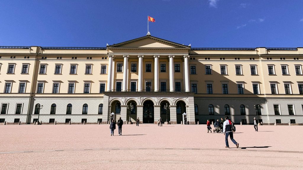 The Royal Palace in Oslo, Norway, with the national flag flying