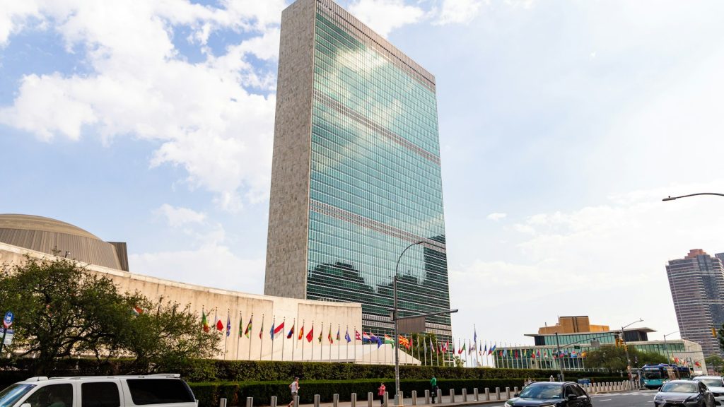 United Nations headquarters in New York with member-state flags