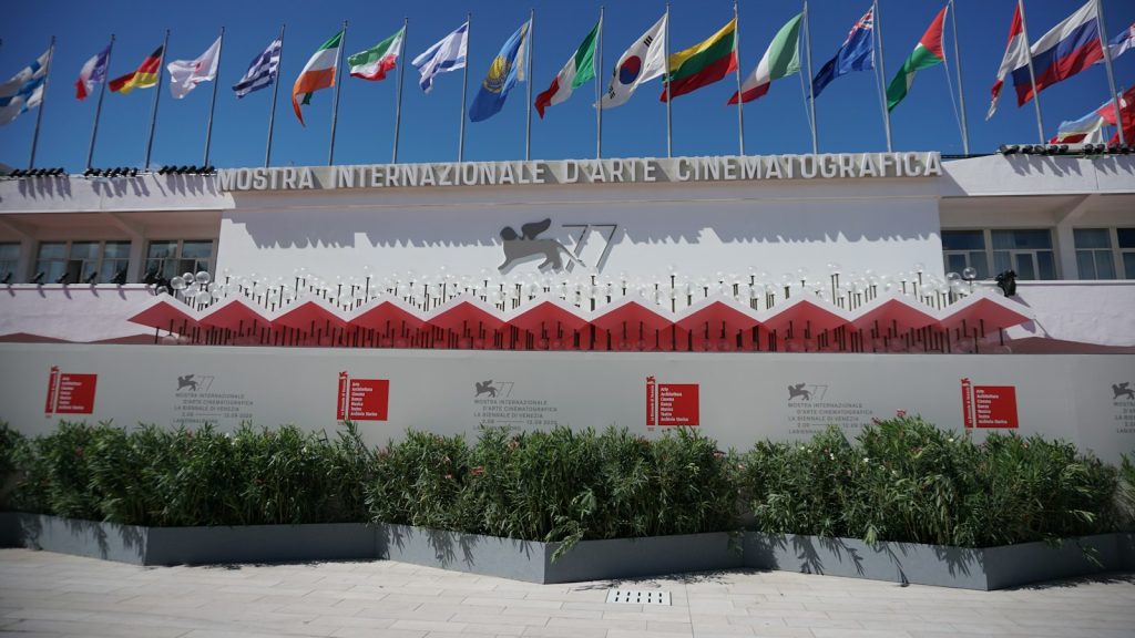 Flags flying outside the festival venue on the Venice Lido